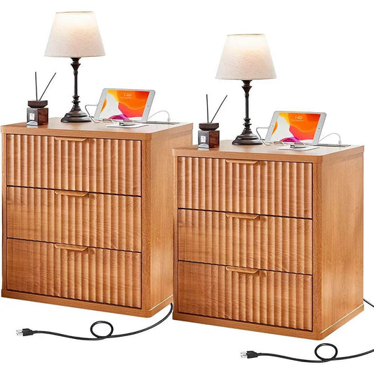 23" Wide Fluted Farmhouse Premium Nightstands with Charging Station, Set of 2 - DSARD