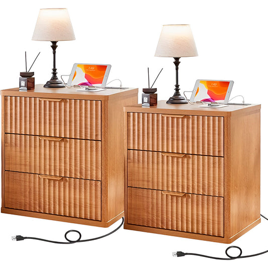 23" Wide Fluted Farmhouse Premium Nightstands with Charging Station, Set of 2