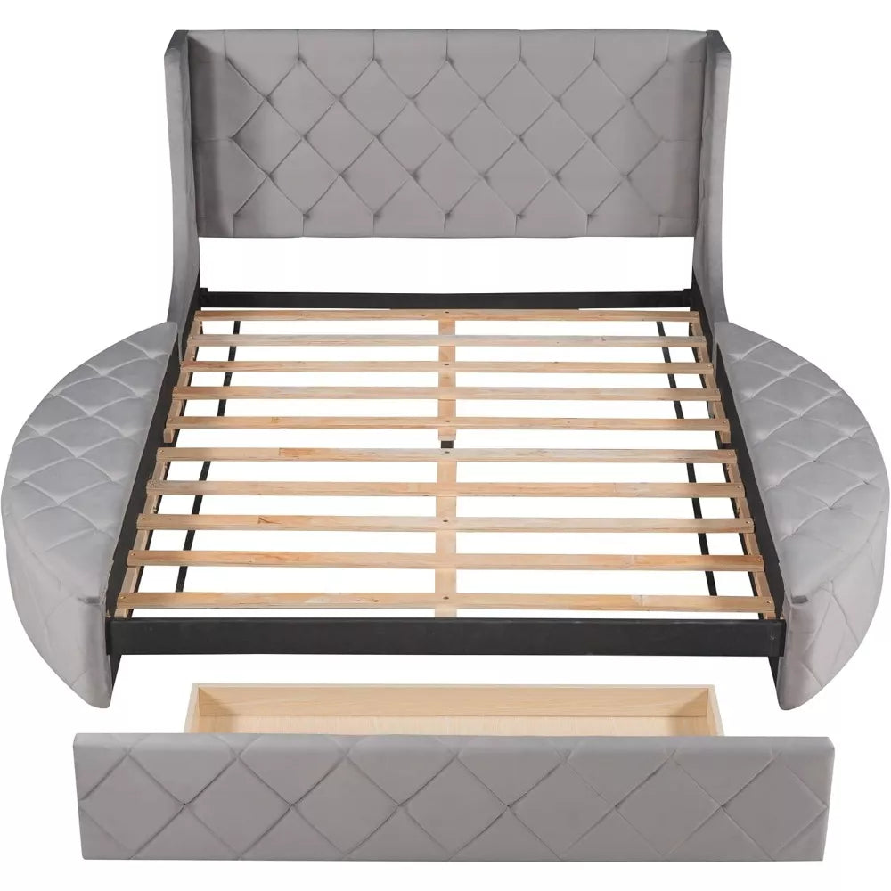 Queen Size Velvet Platform Bed Frame with Storage and Wingback Headboard - DSARD
