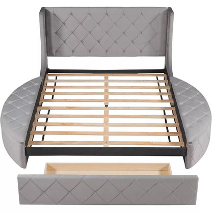 Queen Size Velvet Platform Bed Frame with Storage and Wingback Headboard - DSARD