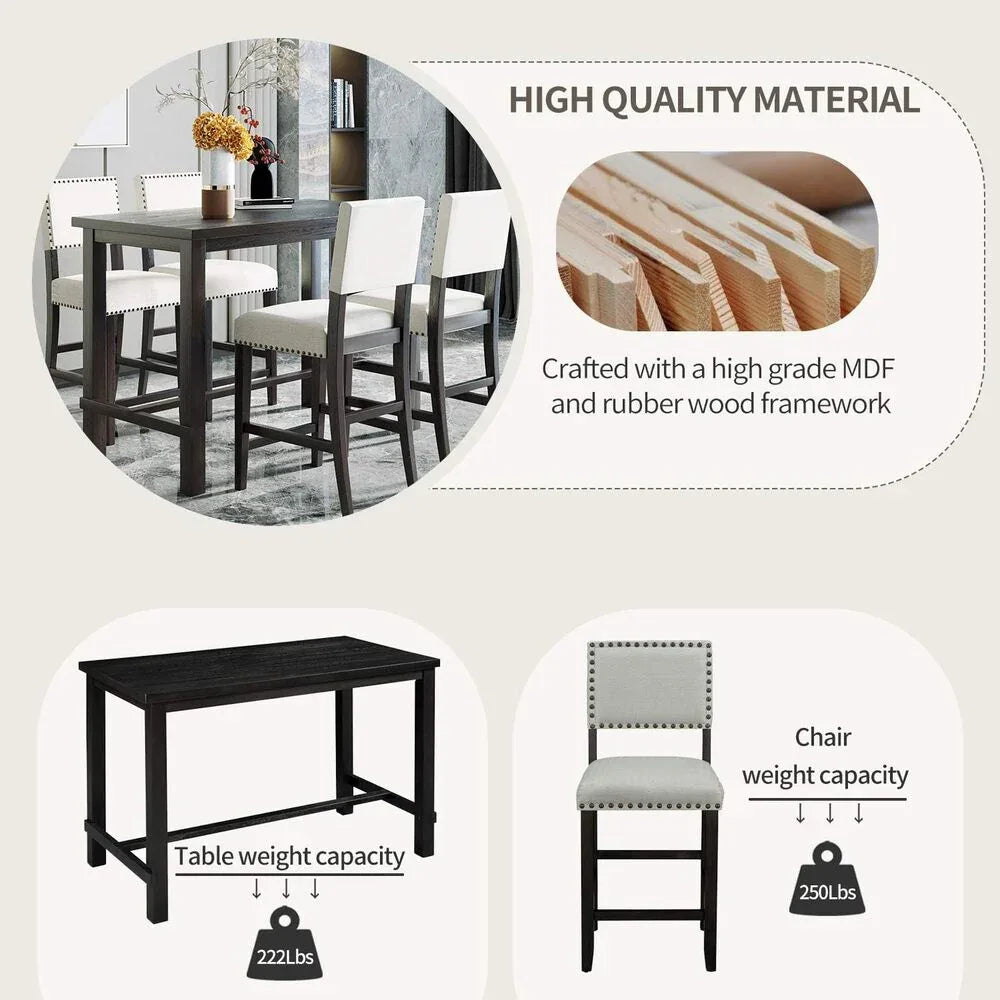 Elegant Espresso 5-Piece Counter Height Dining Set with Beige Chairs - DSARD - DSARD