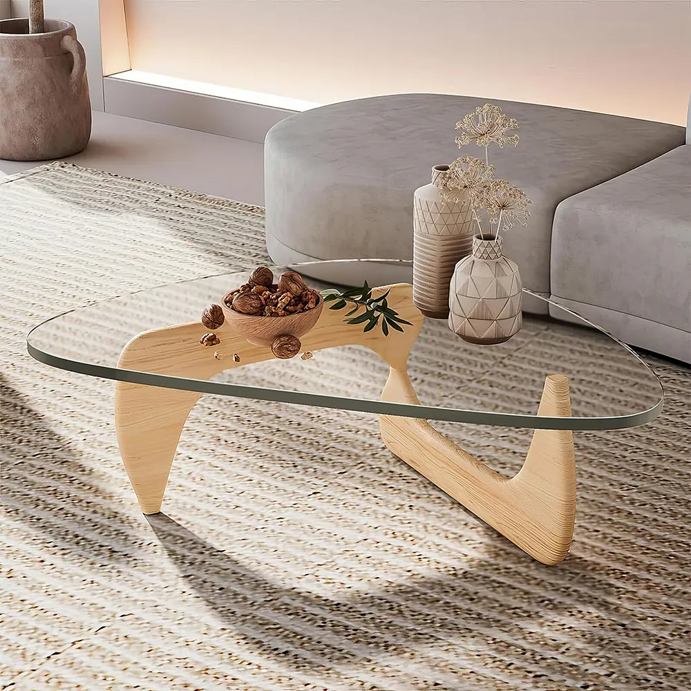 Glass Coffee Table with Solid Wood Legs – Minimalist Modern