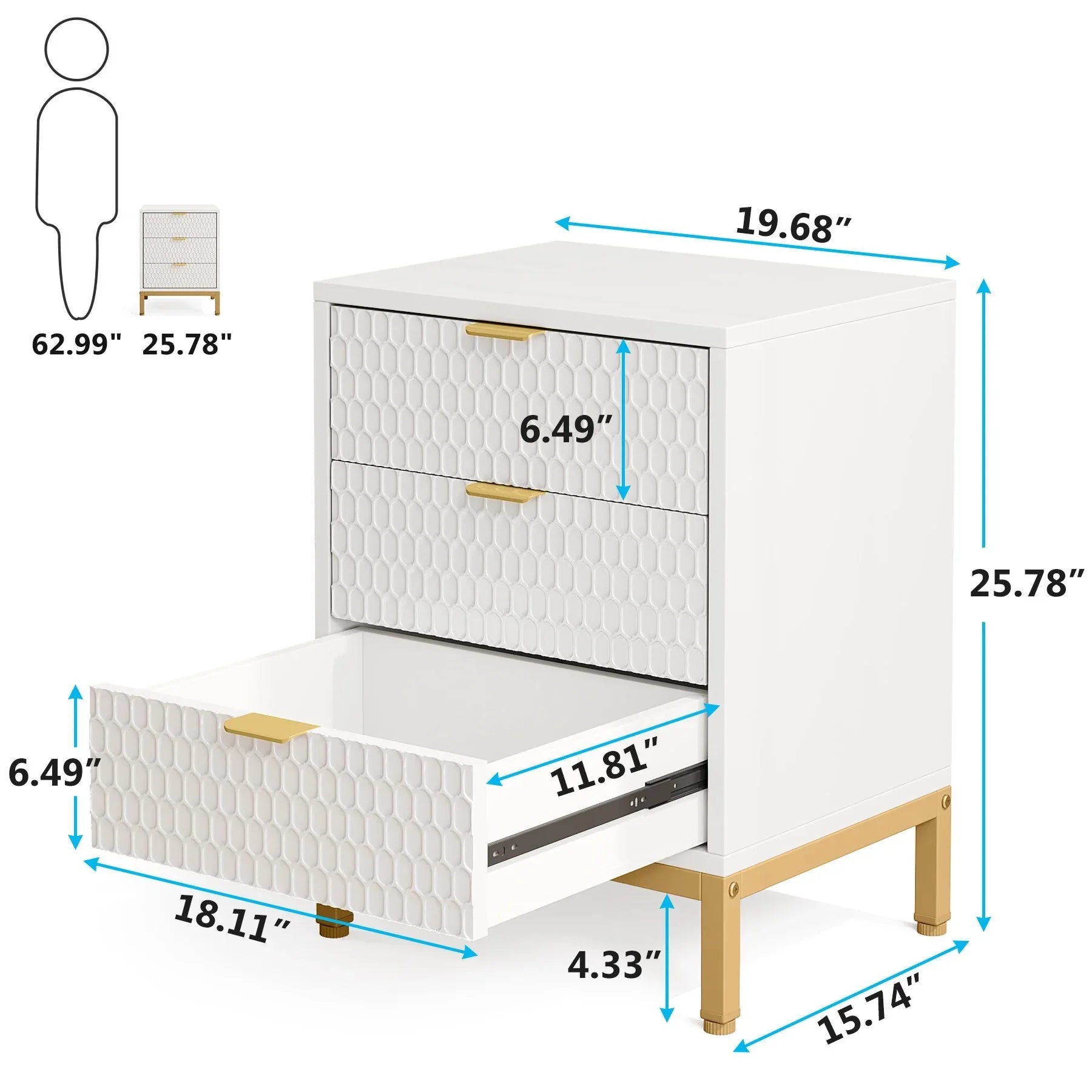 2-Pack Modern White & Gold Premium Nightstands with 3 Drawers – Contemporary Tall Bedside Tables