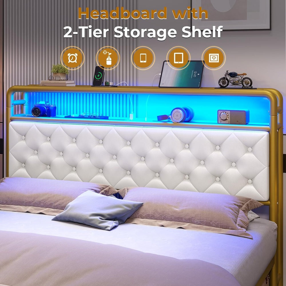 Luxurious King Size Upholstered Platform Bed with LED Headboard and Storage Features - DSARD