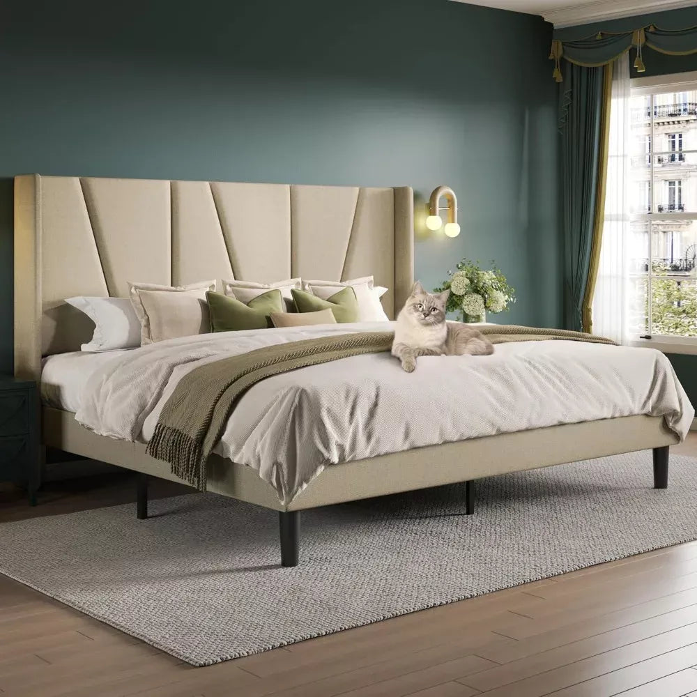 Queen Platform Bed with Geometric Wingback Headboard & Wood Slats