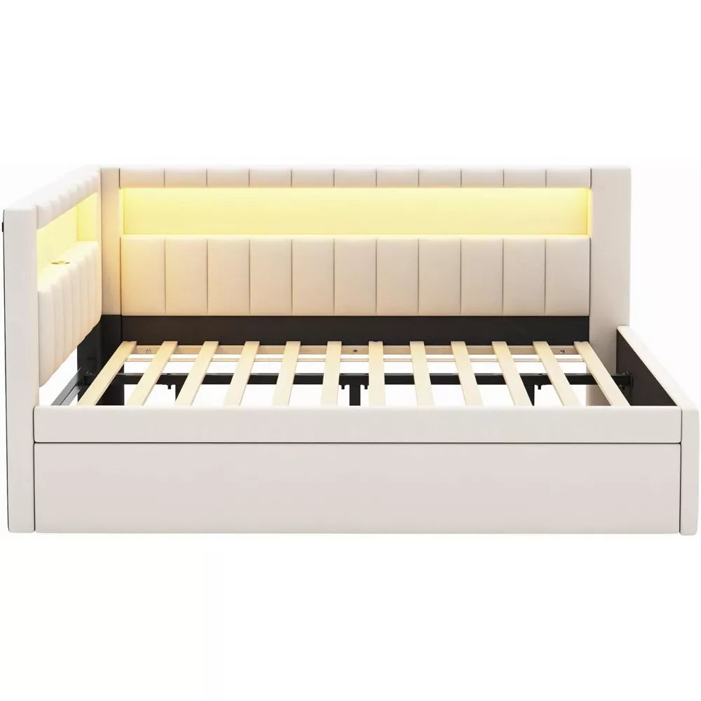 Full Size Soft Daybed with Trundle, Storage Shelves and LED Belt - DSARD