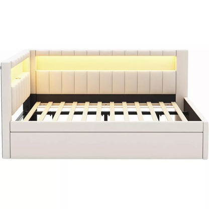 Full Size Soft Daybed with Trundle, Storage Shelves and LED Belt - DSARD