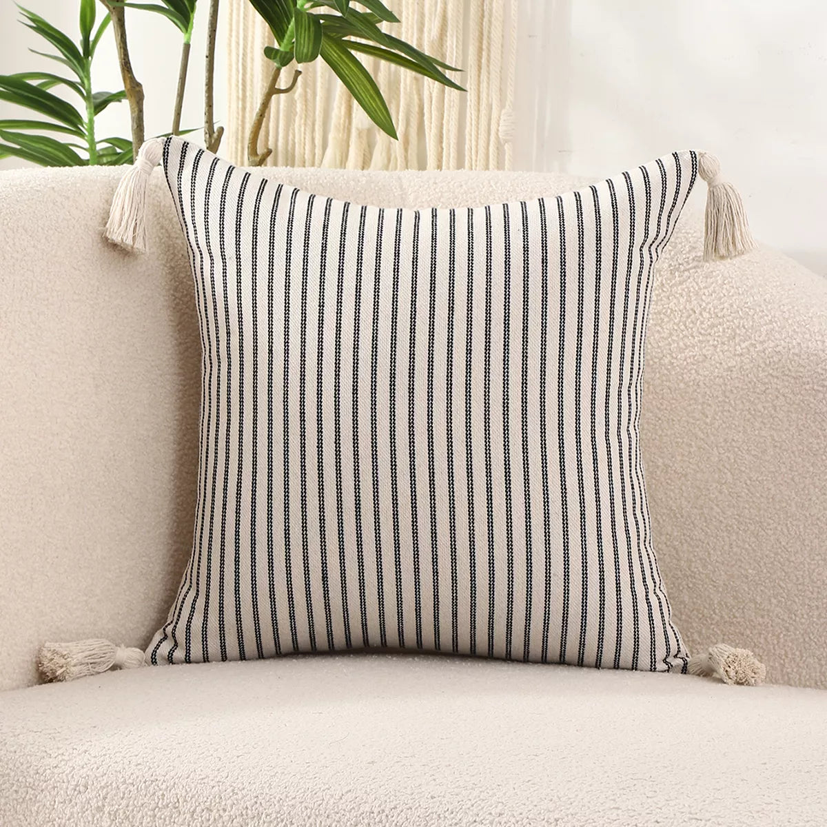 Striped Linen Throw Pillow Cover with Tassels – Chic Home Accent