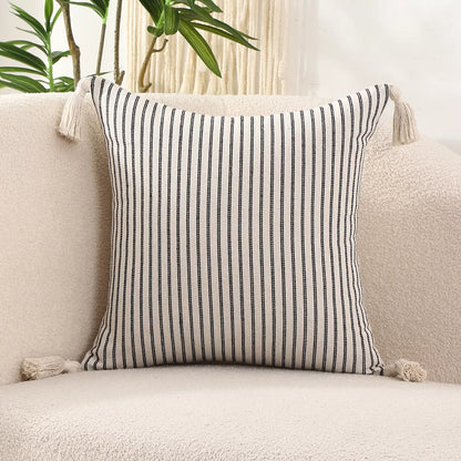Striped Linen Throw Pillow Cover with Tassels – Chic Home Accent