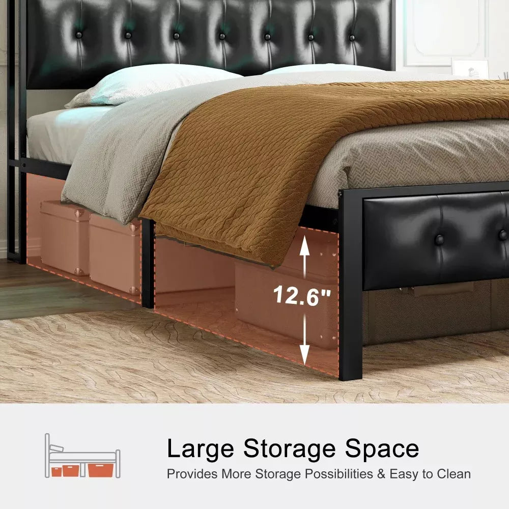 Queen Bed Frame with Storage Headboard, LED & Power Charging Station