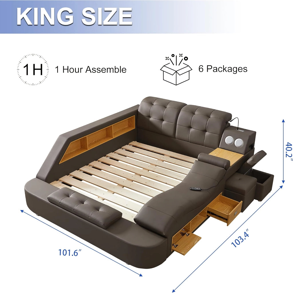 Luxury Smart King Bed with Massage Recliner, Bluetooth Speakers, Storage & USB Ports - DSARD
