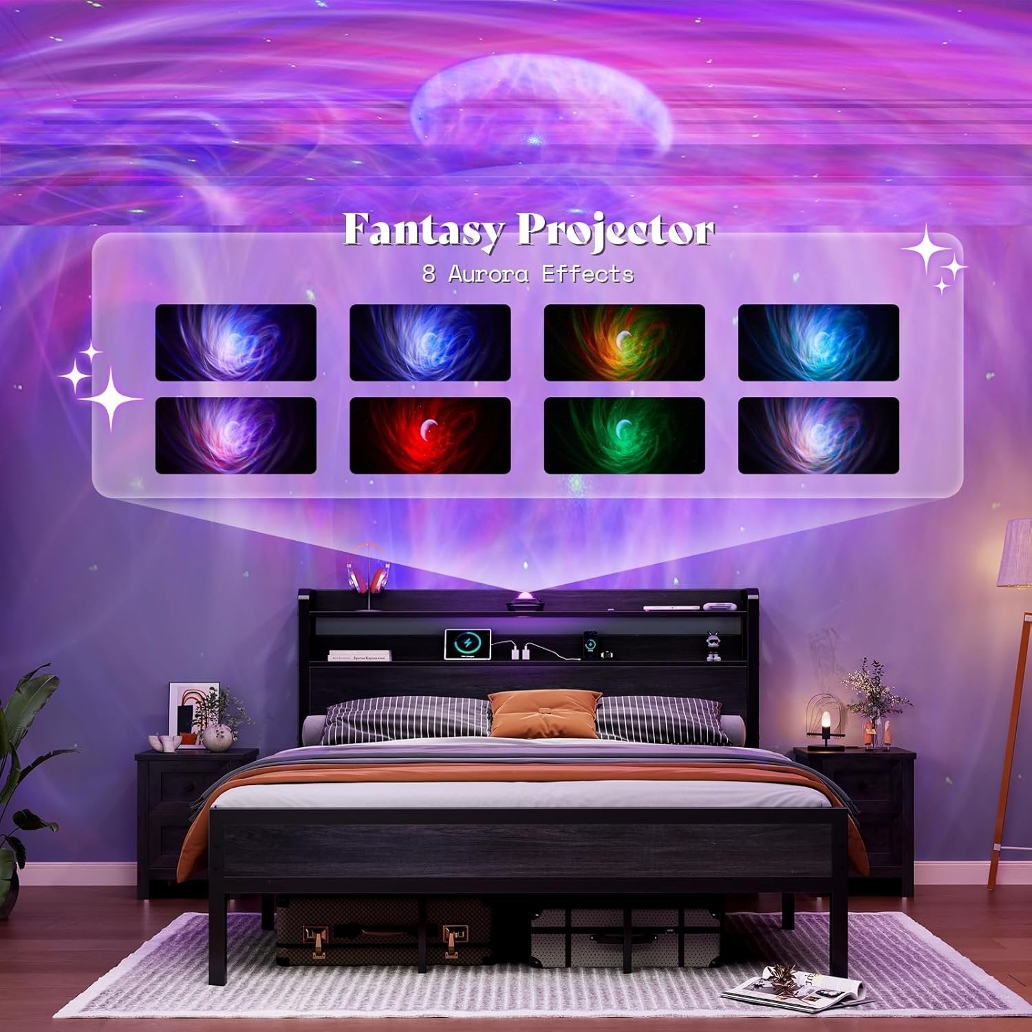 King Platform Bed with Galaxy Projector & Charging Headboard