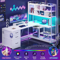 L Shaped Computer Desk with LED, 3 Drawers, Bookshelf & Storage Shelves - DSARD