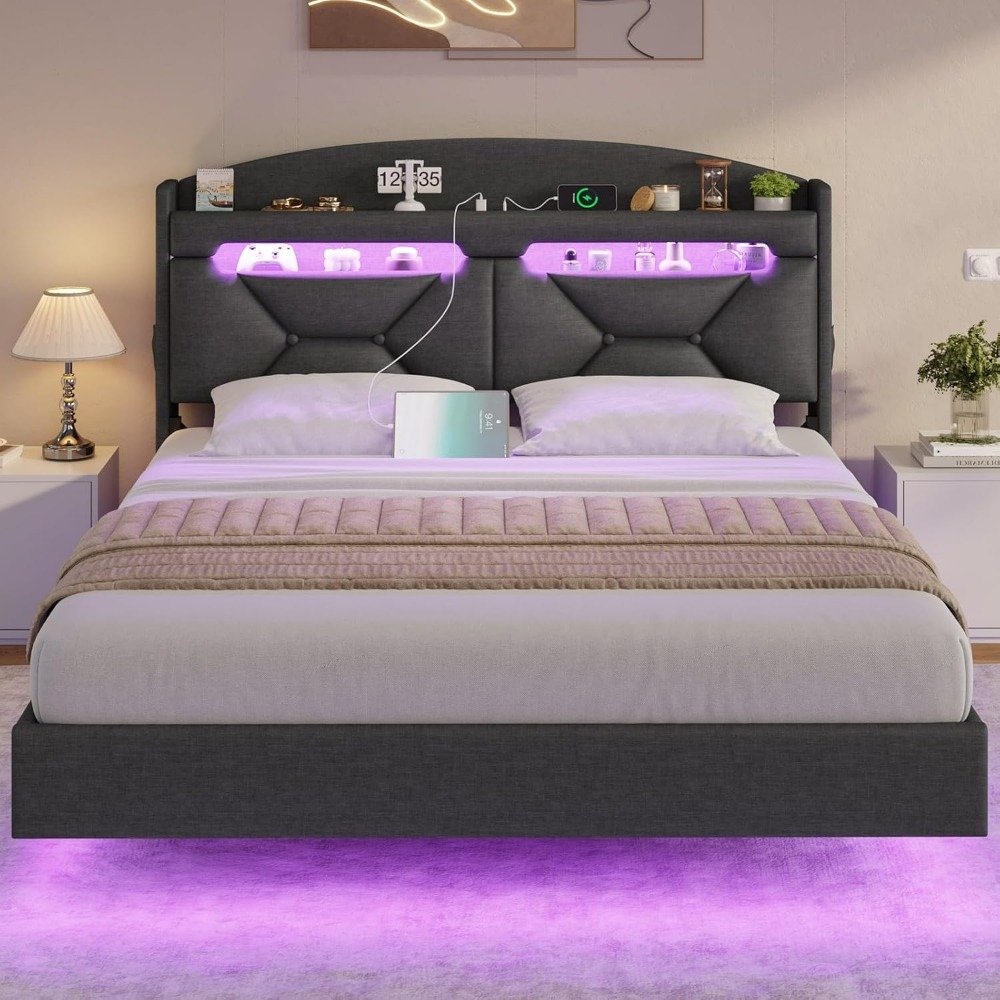 Queen Size Floating Bed Frame with Charging Station and LED Lights, Upholstered Platform - DSARD
