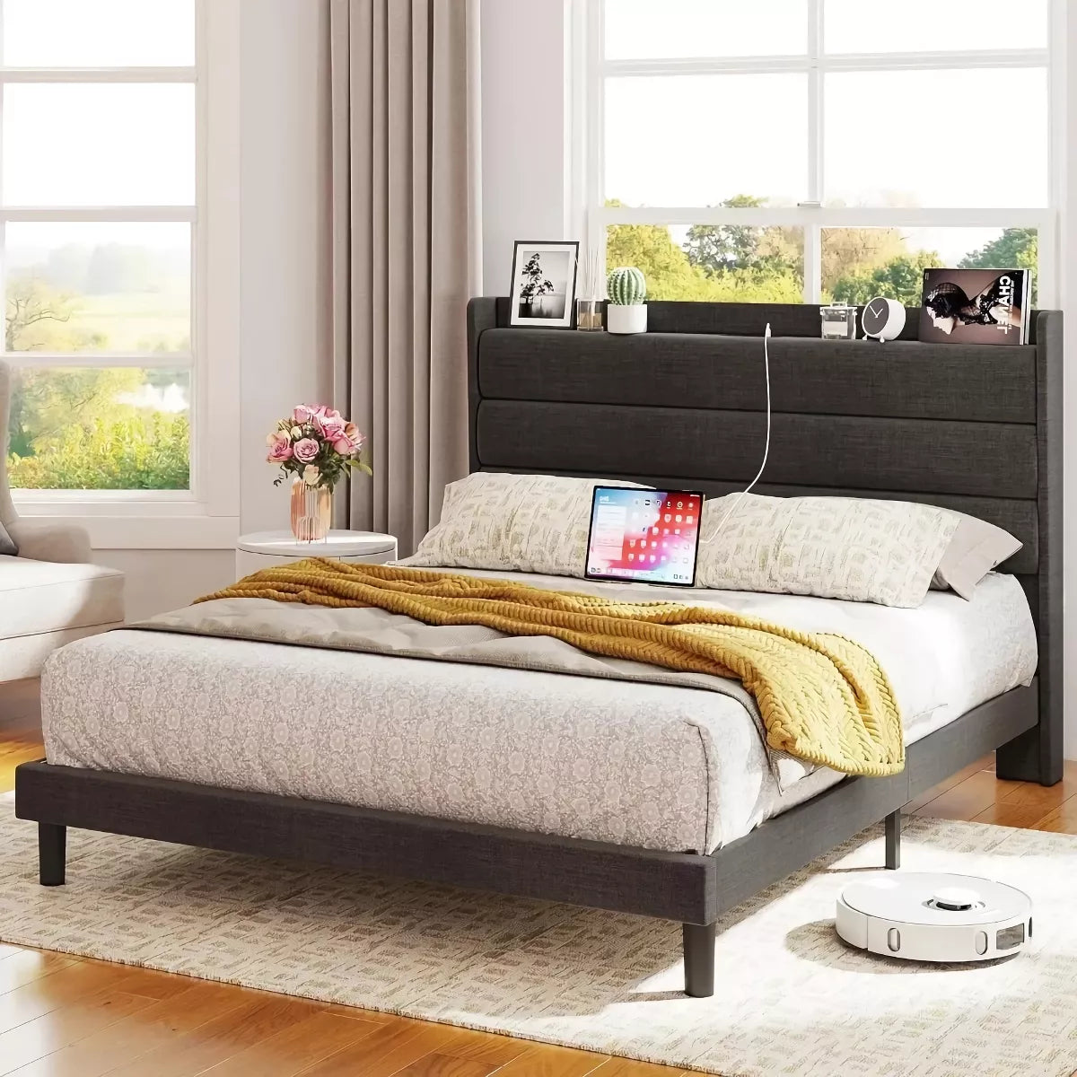Queen Bed Frame with Storage Headboard & Built-In Outlets