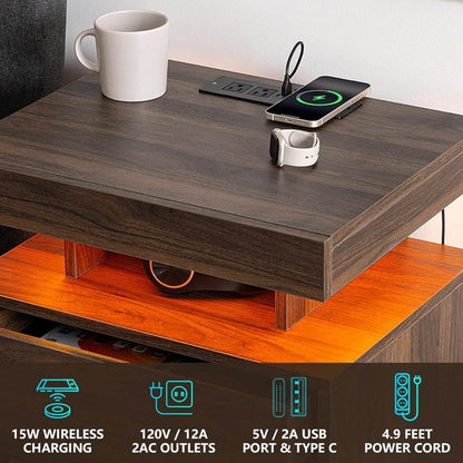 Set of 2 LED Premium Nightstands with Wireless Charging and RGB Lighting