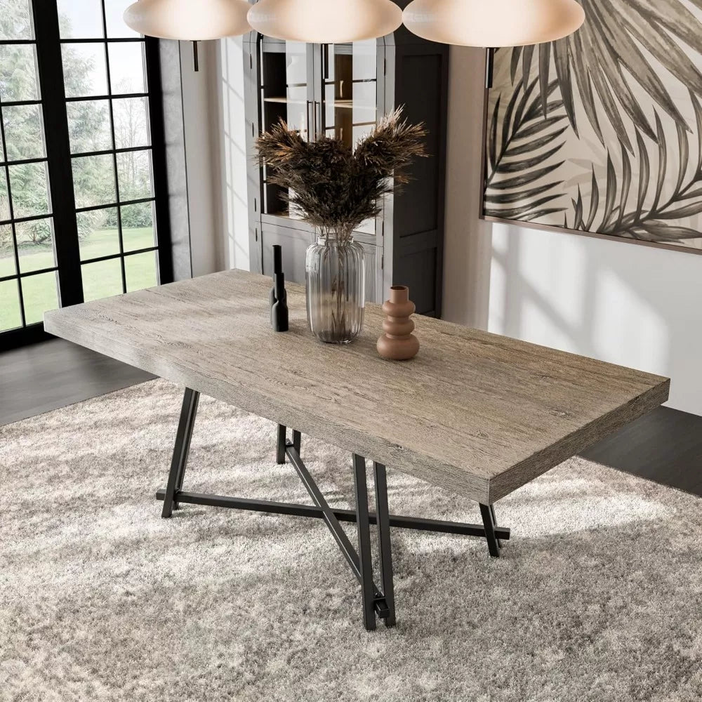 Modern 84″ Solid Wood Rectangle Dining Table with Metal Trestle Base - DSARD