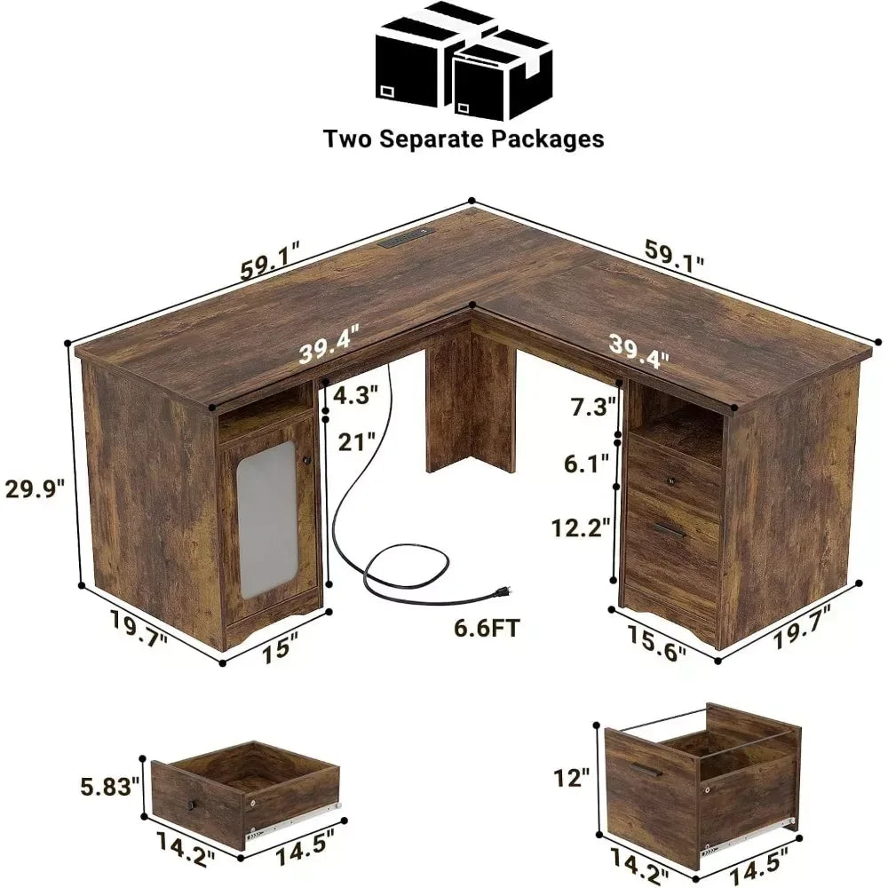 60-Inch L-Shaped Office Desk with Drawers, Power Outlet, and USB Charging Ports - DSARD