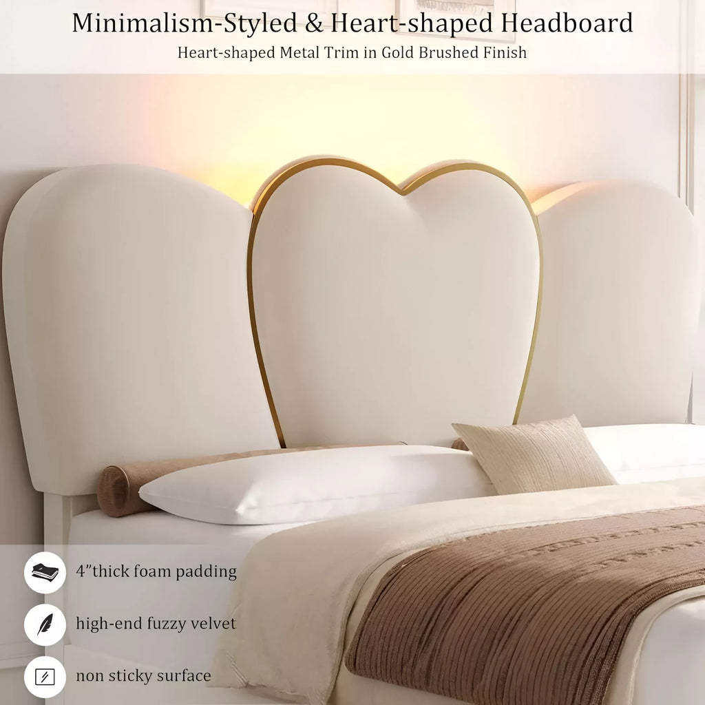 Queen Velvet Upholstered LED Bed Frame with 4 Drawers & Heart Shaped Headboard - DSARD