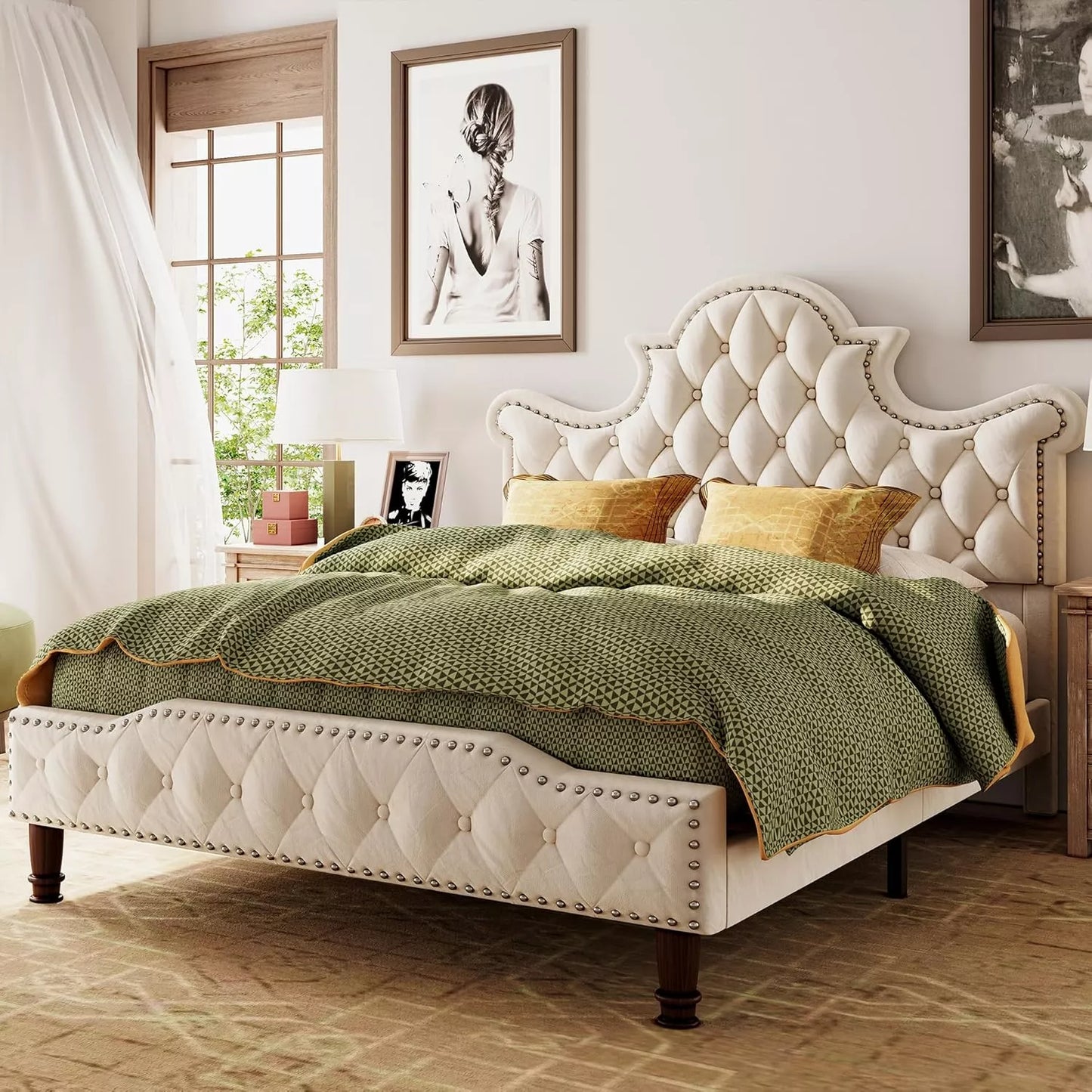 Queen Size LED Bed Frame with Tall Tufted Headboard - DSARD