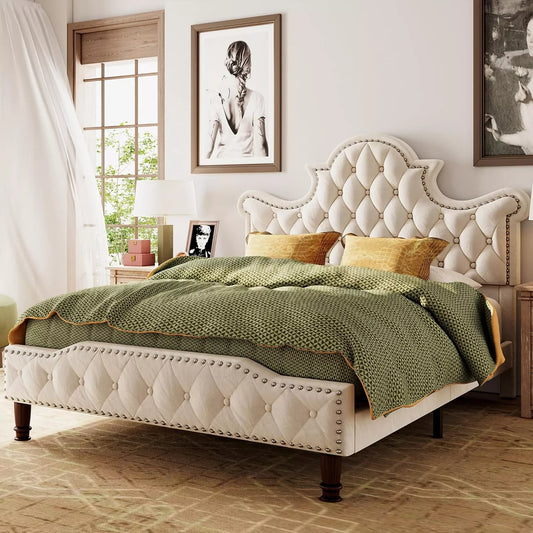 Queen Size LED Bed Frame with Tall Tufted Headboard - DSARD