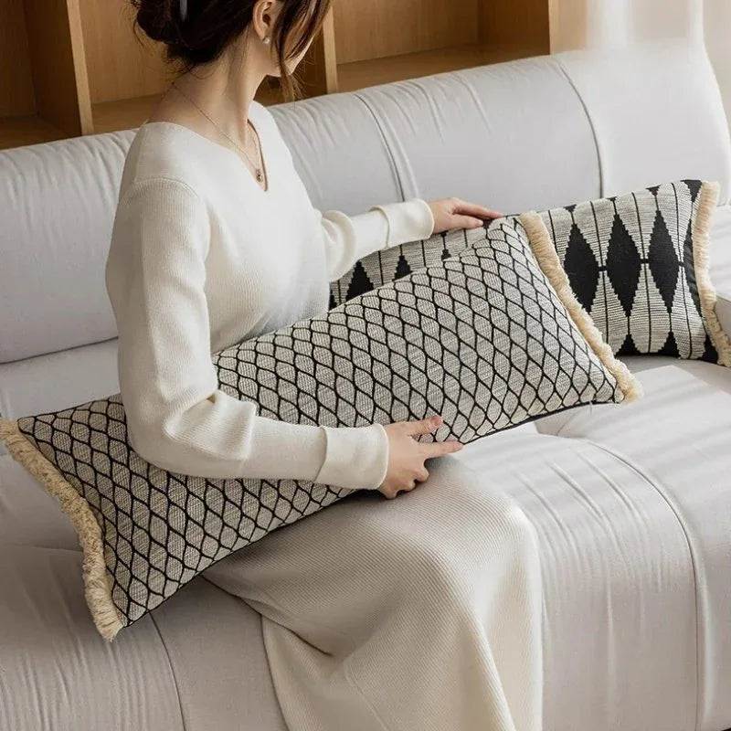 Black Geometric Jacquard Long Decorative Pillow Cover - DSARD