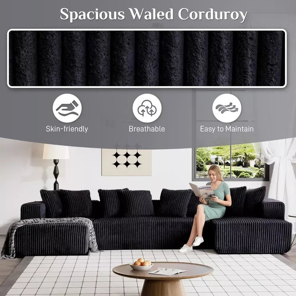 131″ Modular Black Corduroy Sectional Sofa with Chaise and 8 Pillows - DSARD - DSARD