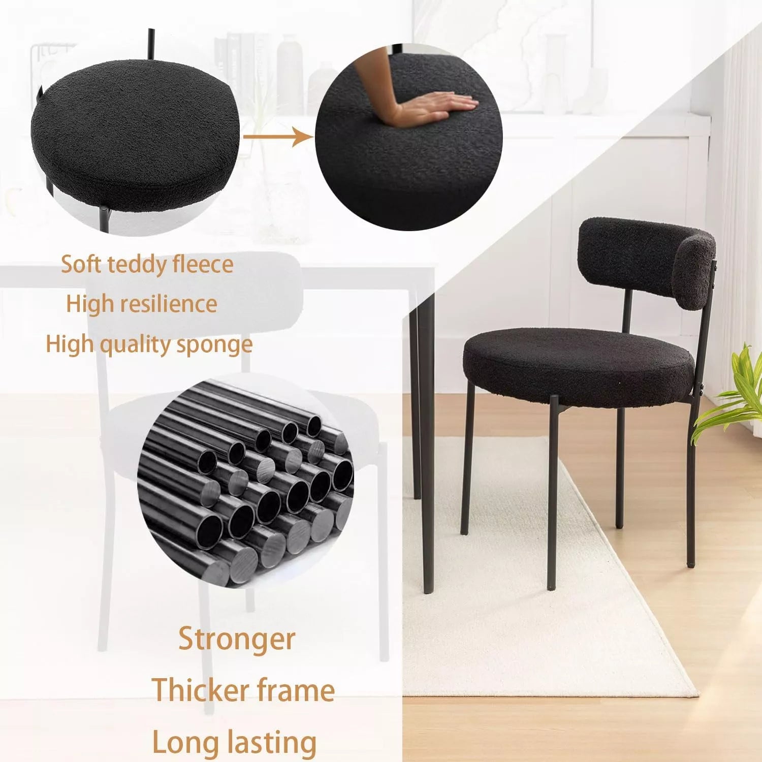 Set of 6 Modern Round Upholstered Dining Chairs with Black Metal Legs - DSARD