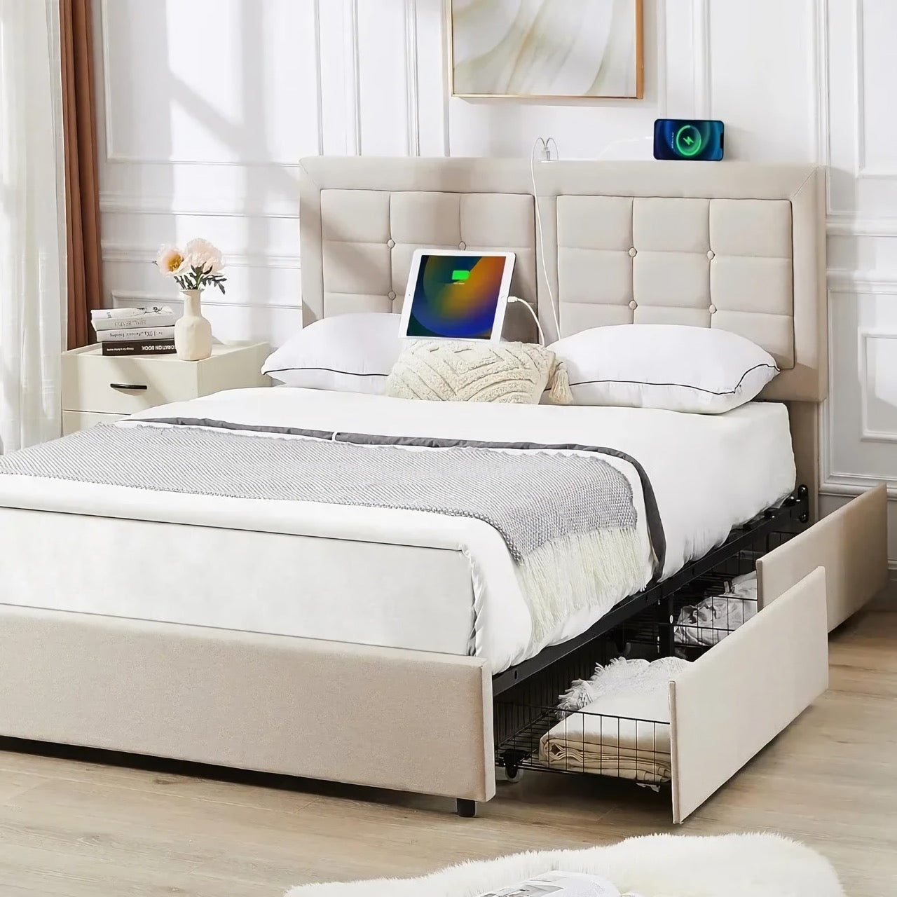 Queen Size Bed Frame with Rollers – Easy-Move Modern Platform