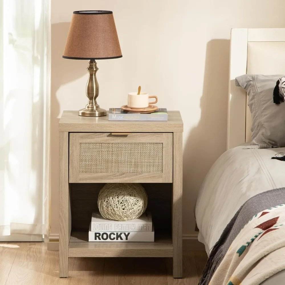 Rattan Premium Nightstands Set of 2 – Farmhouse Boho Bedside Tables with Drawer & Shelf