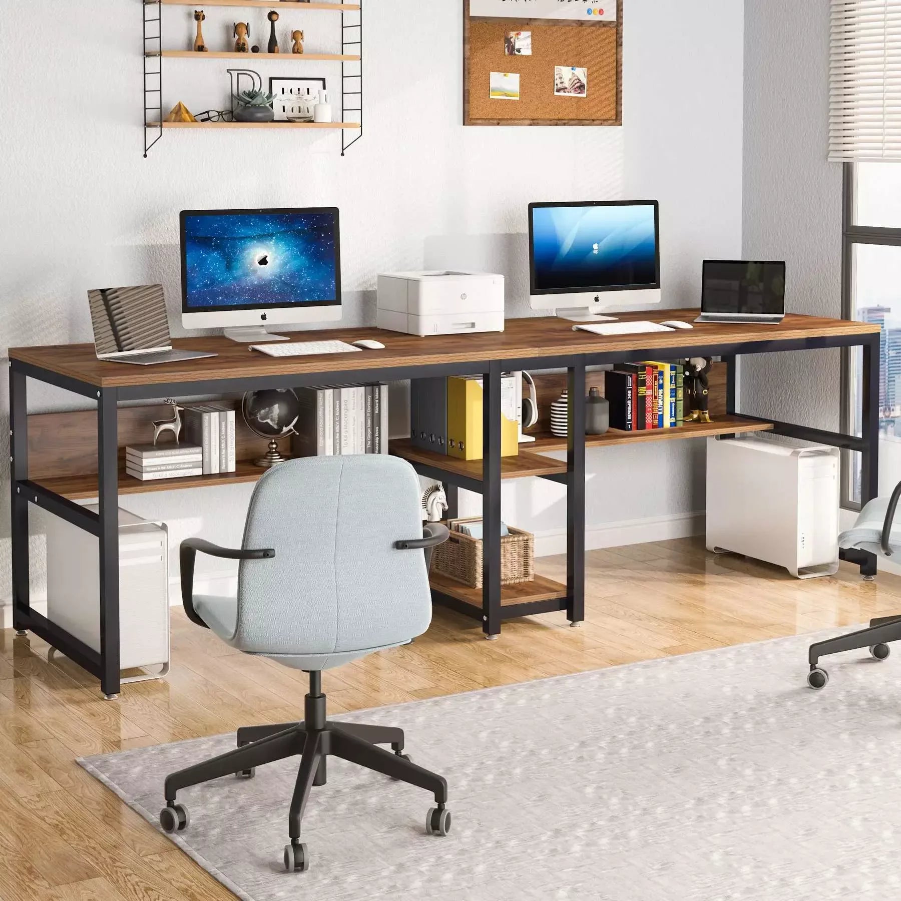 78″ Double Computer Desk with Bookshelves, Rustic Industrial Two-Person Workstation - DSARD - DSARD