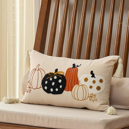Autumn Pumpkin Embroidered Cushion Covers with Ruffles – Fall Decor