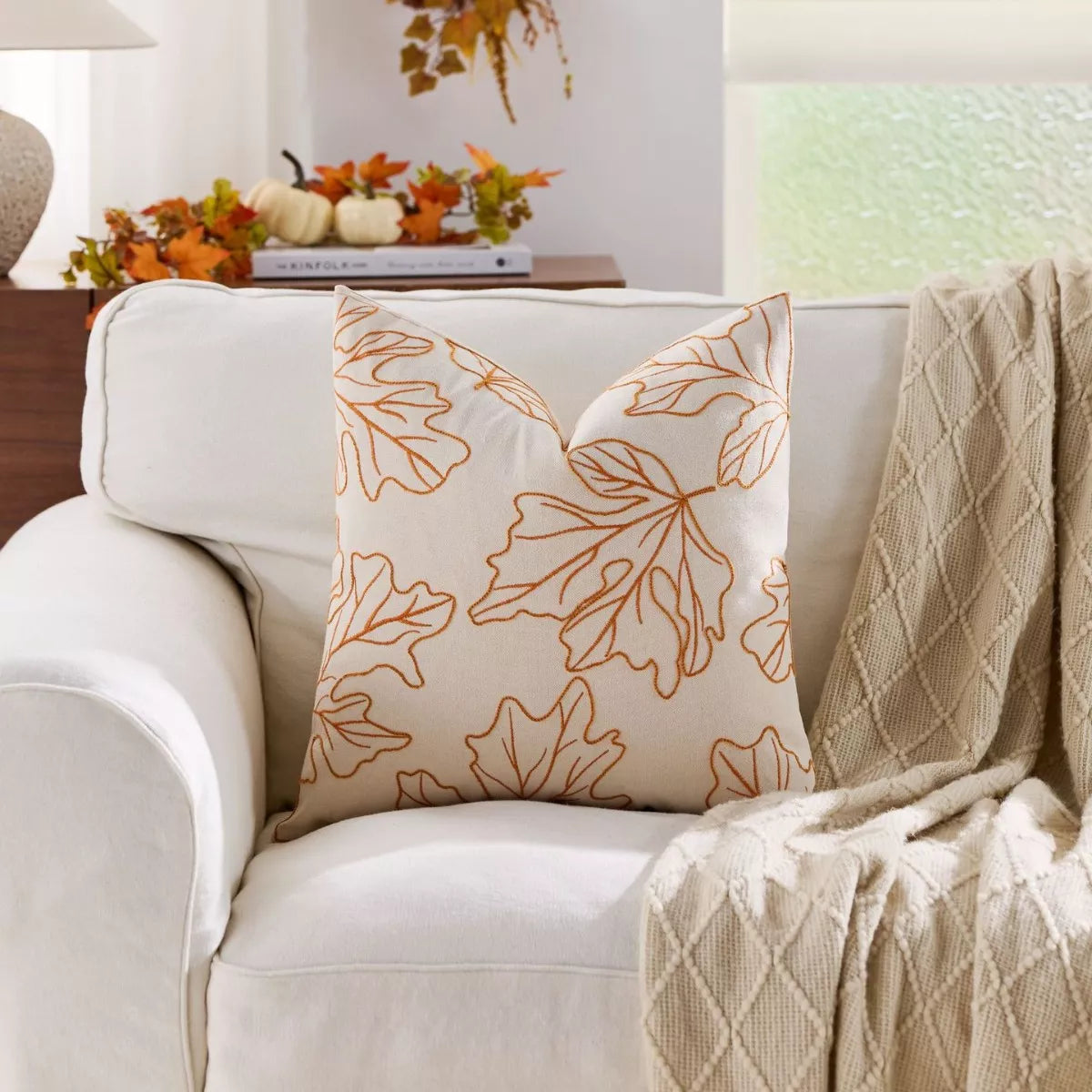 Autumn Harvest Embroidered Pillow Cover 18x18inc – Cozy Fall Home Décor