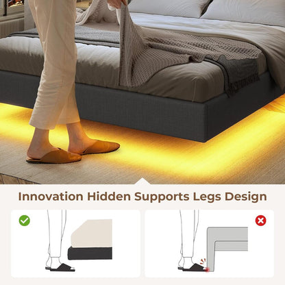 Modern Floating King Bed Frame with RGB LED Lights & Storage Headboard - DSARD