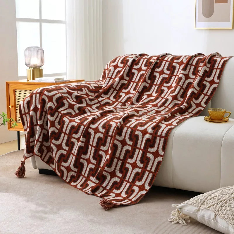 Orange Red Knitted Geometric Throw Blanket for Sofa & Bed – Modern Decorative, Soft & Warm