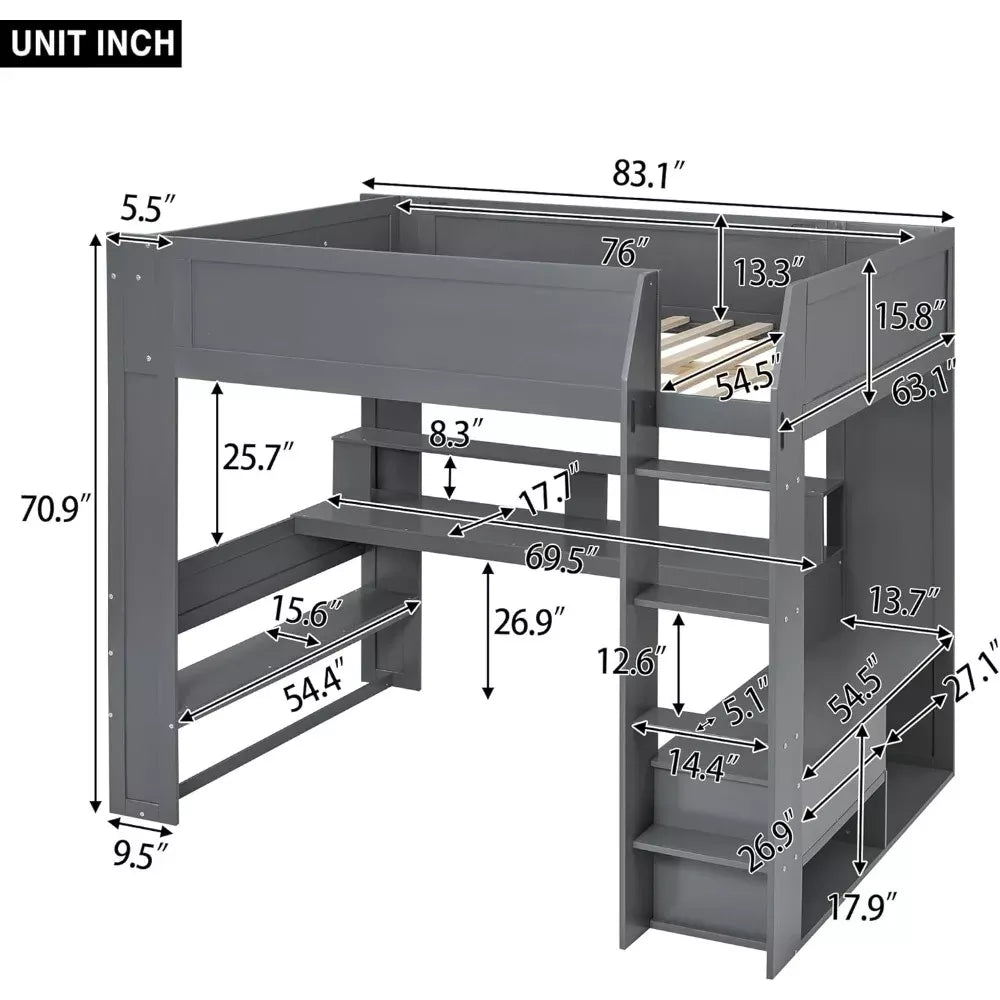 Full Size Wooden Loft Bed with Desk, Shelves, LED Lights, and Charging Station - DSARD