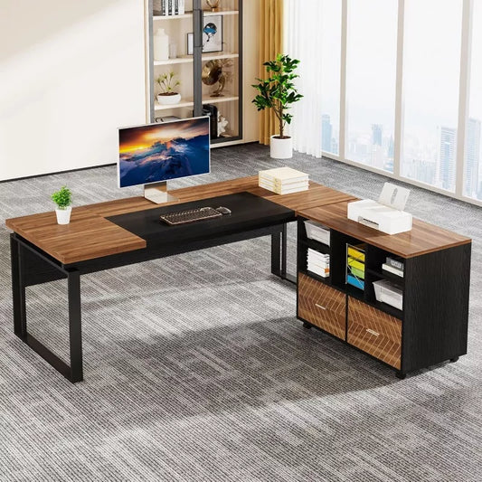 Modern L-Shaped Executive Desk with Reversible File Cabinet and Storage - DSARD