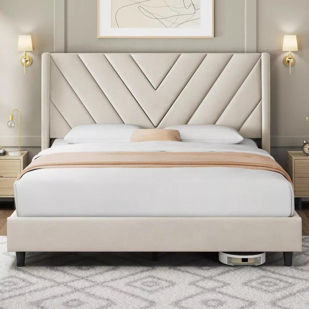 Modern Velvet Upholstered Queen Platform Bed with Wingback Headboard - DSARD