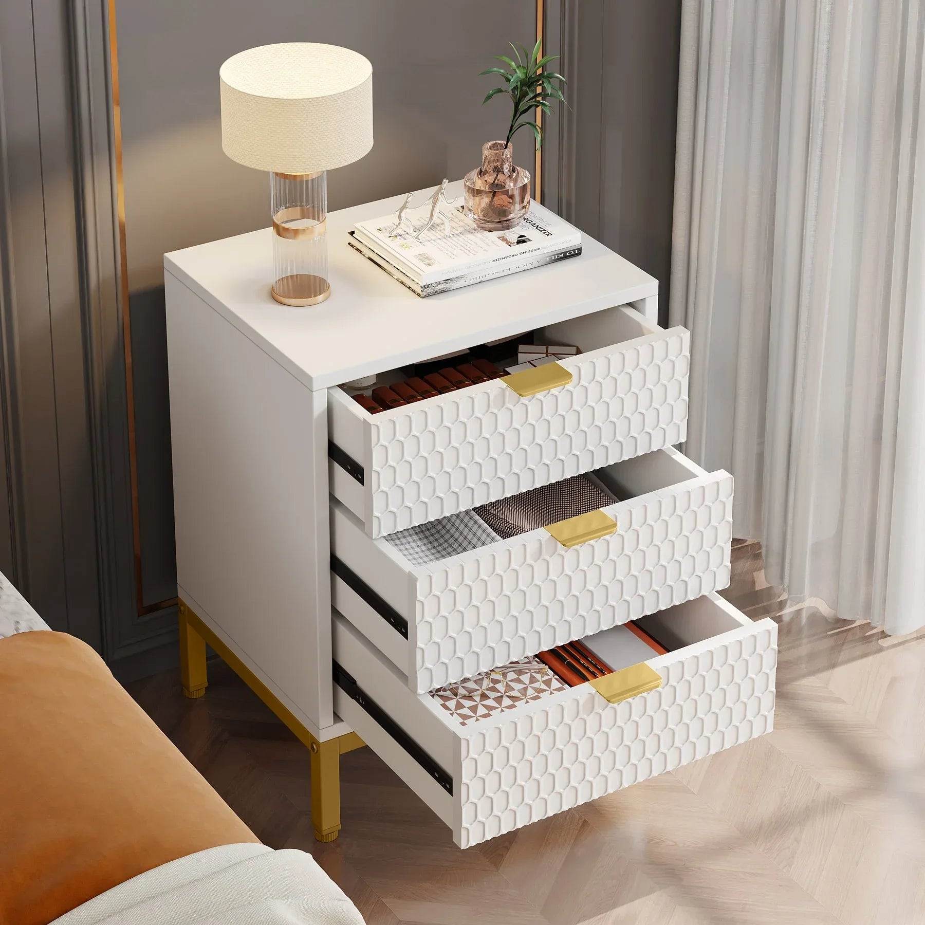 2-Pack Modern White & Gold Premium Nightstands with 3 Drawers – Contemporary Tall Bedside Tables