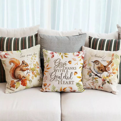 Fall Thanksgiving Maple Squirrel & Bird Pillow Cover – Autumn Harvest Decor