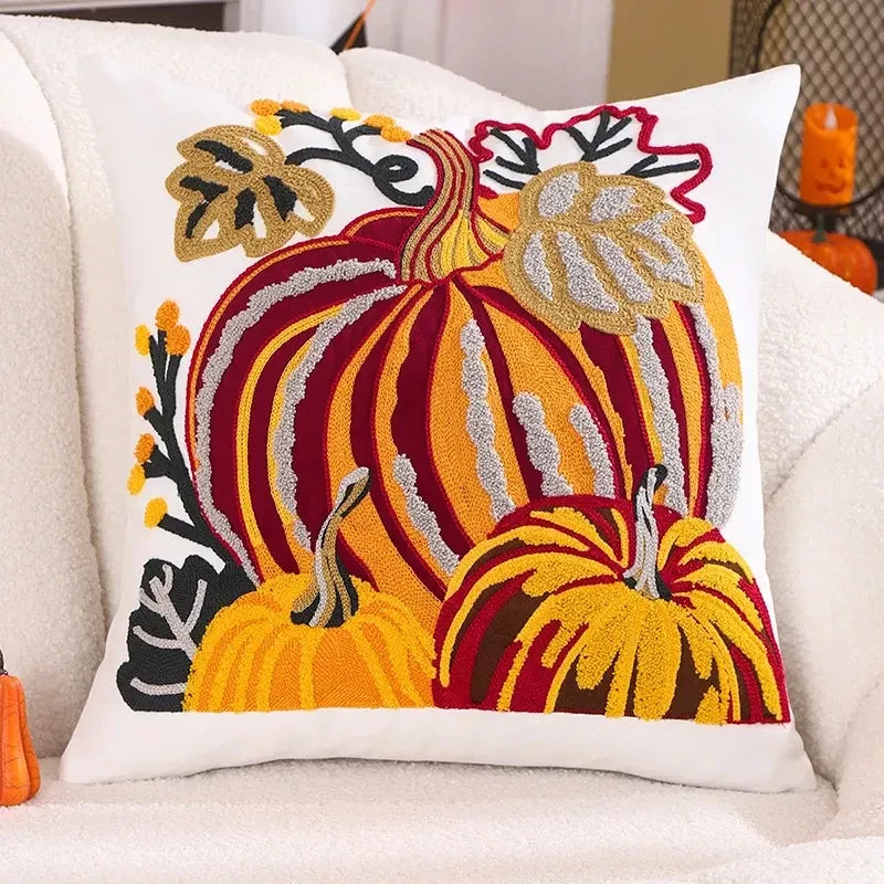 45x45cm Pumpkin Embroidered Cotton Pillow Cover – Cozy Fall Décor