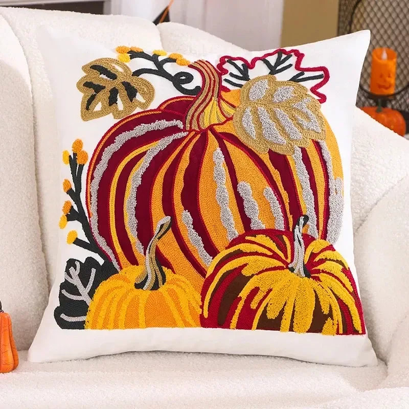 45x45cm Pumpkin Embroidered Cotton Pillow Cover – Cozy Fall Décor - DSARD