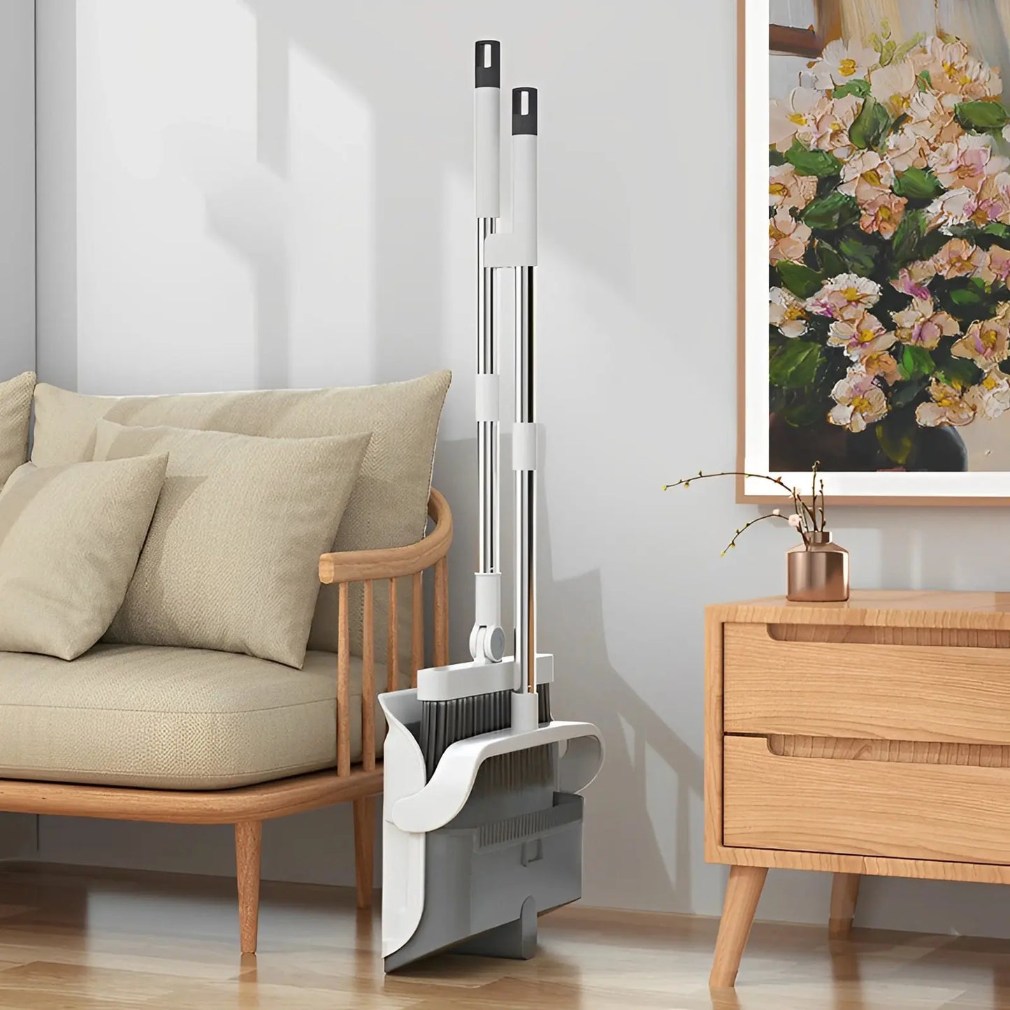 Squeegee Broom Dustpan Floor Brush Set with Stand - Adjustable Handle, Non-Stick, Hair Removal