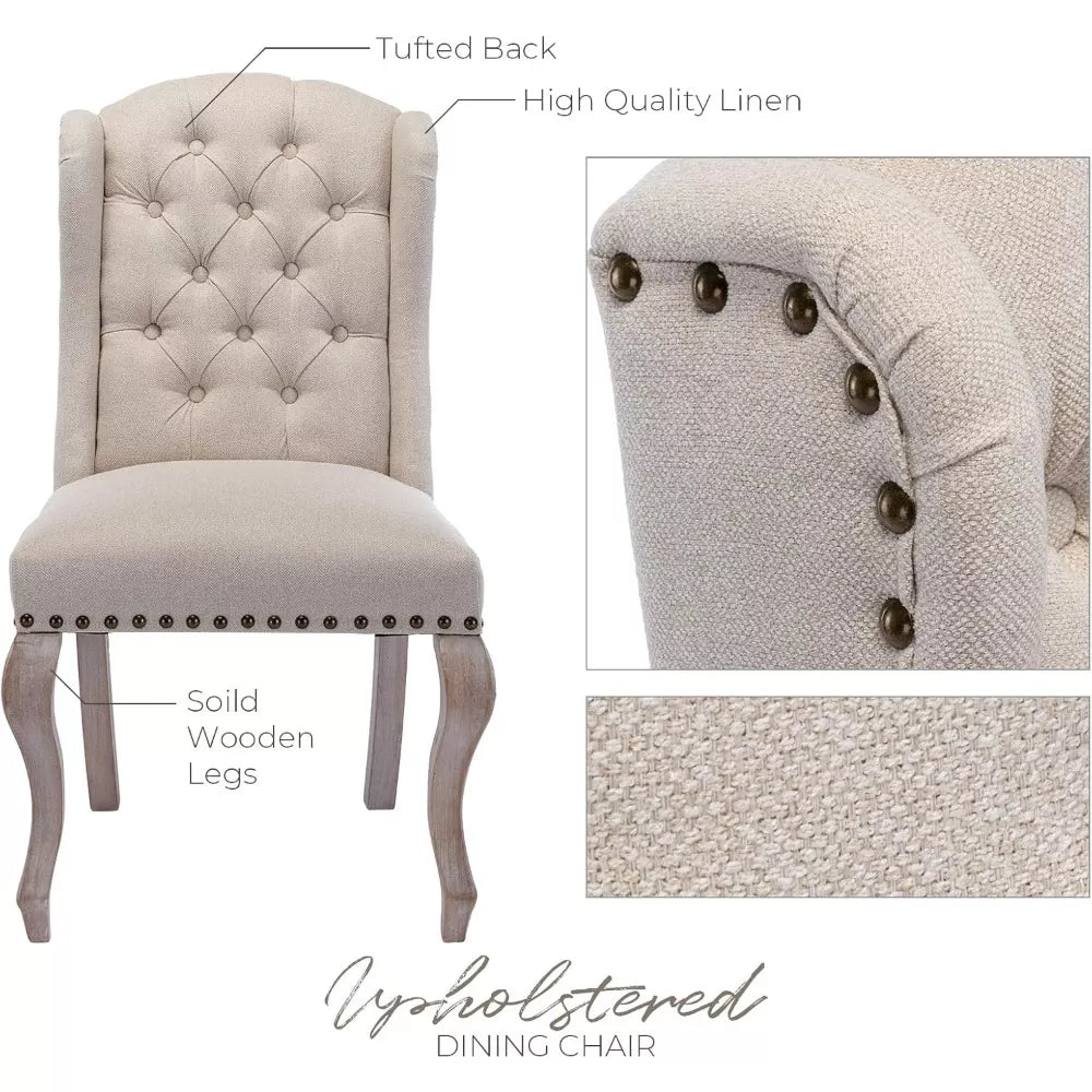 Set of 4 Wingback Tufted Upholstered Dining Chairs with Wood Legs – Linen Fabric - DSARD