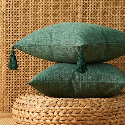 Set of 2 Rustic Linen Throw Pillow Covers with Tassels