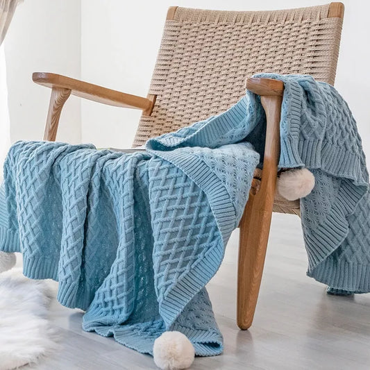 Soft Acrylic Knit Throw Blanket with PomPom Design