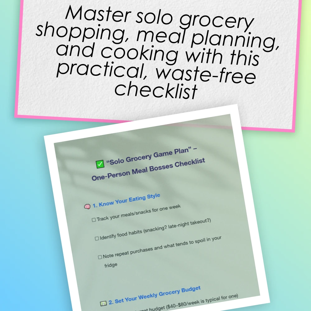 “Solo Grocery Game Plan” – One-Person Meal Bosses Checklist | How to Budget Groceries for 1 | Weekly Meal Planning Printable