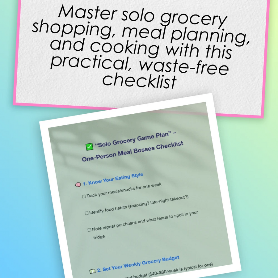“Solo Grocery Game Plan” – One-Person Meal Bosses Checklist | How to Budget Groceries for 1 | Weekly Meal Planning Printable