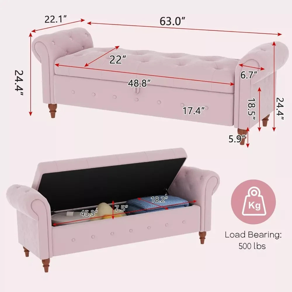 63” Tufted Storage Ottoman Bench with Rolled Arms for Bedroom & Living Room - DSARD - DSARD