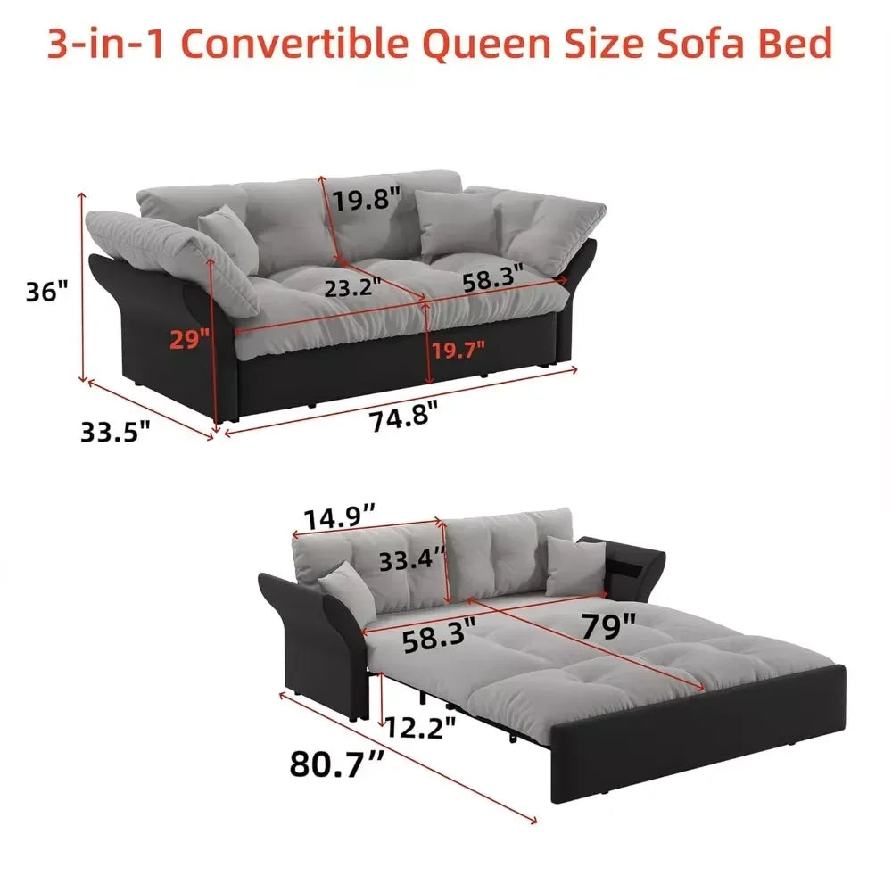 74.8” Velvet Queen Sleeper Sofa Bed with Pull-Out & Storage – Convertible Futon Couch - DSARD - DSARD
